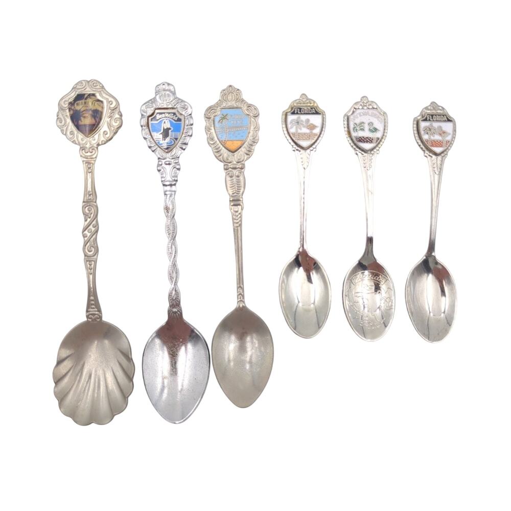 Vintage Florida Souvenir Spoon Lot of 6 Enamel Shield SeaWorld Miami Collectible